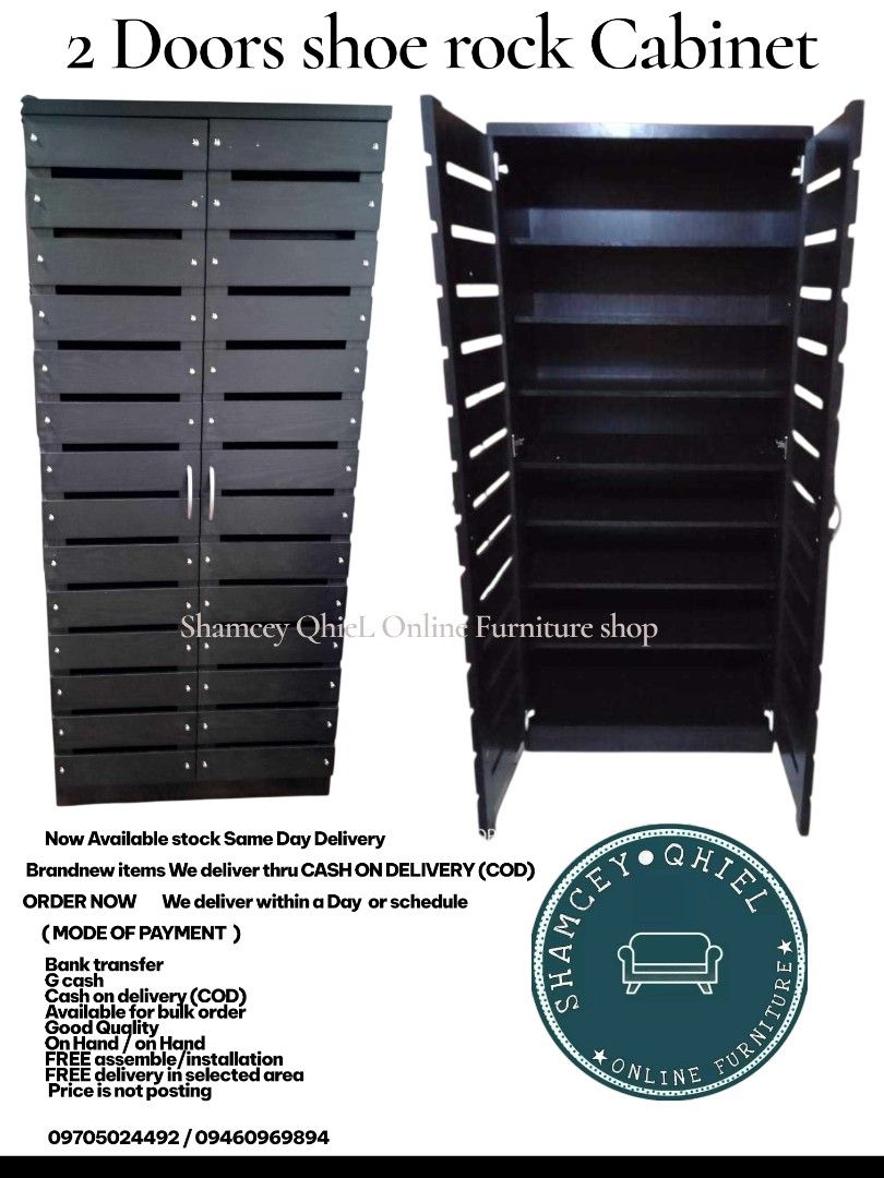 2 Doors Shoe Rock Cabinet (Category: Shelves, Cabinets & Racks) located in Manila. Submitted by morallosmariel2 (Listing ID 1435923163, Image 1). Description: - Stylish 2-door shoe rack cabinet - Available in various colors - Features multiple shelves for - Made with good quality materials - Same-day delivery available - Cash on delivery (COD) accepted - Bank transfer / G Cash payments - Free delivery in selected areas - Contact seller for bulk o