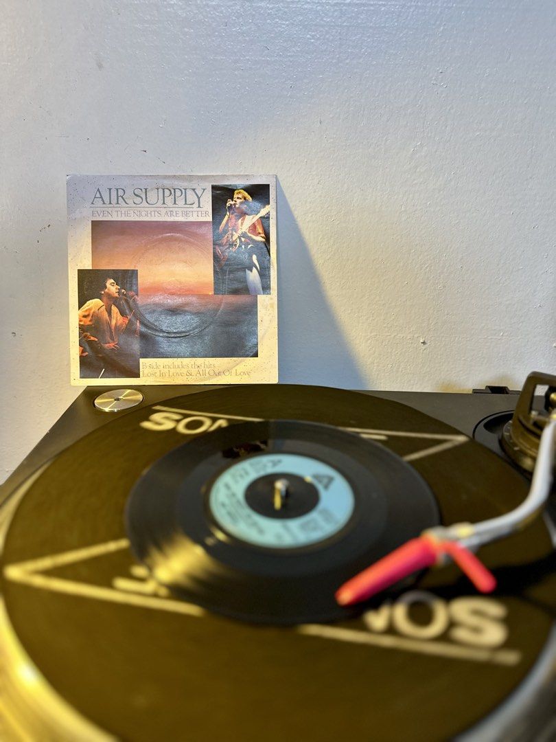 [7”] Air Supply (Category: Vinyls) located in Makati City. Submitted by pitsrecords (Listing ID 1435991343, Image 1). Description: [7”] Air Supply Side A - Even The Nights Are Better Side B Track 1 - Lost In Love Side B Track 2 - All Out Of Love Cover / Label : VG+ Media : VG+ - VG++ ₱450.