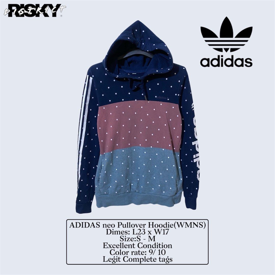 Adidas neo Pullover Hoodie (WMNS) (Category: Coats, Jackets and Outerwear) located in Manila. Submitted by riskydistrict (Listing ID 1435990180, Image 1). Description: - Adidas neo Pullover Hoodie (WMNS) - Size S - Color block design: Navy blue, pink, and blue with white polka dots - Features Adidas logo on chest and stripes on sleeves - Material: 71% cotton, 29% polyester - Dimensions: L23 x W17 - Condition: Excellent (9/10) - Includes complete 