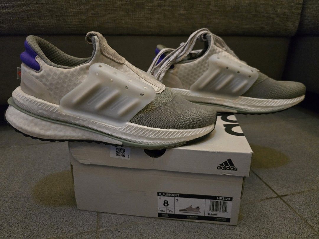 Adidas X PLRBOOST Sneakers - US Size 8 (Category: Sneakers) located in Manila. Submitted by b166e5t (Listing ID 1436004595, Image 2). Description: - Adidas X PLRBOOST sneakers - Size 8 - Color: Grey, white, and purple - Includes original box - Features a mesh upper and Boost midsole - Suitable for casual wear and light workouts.