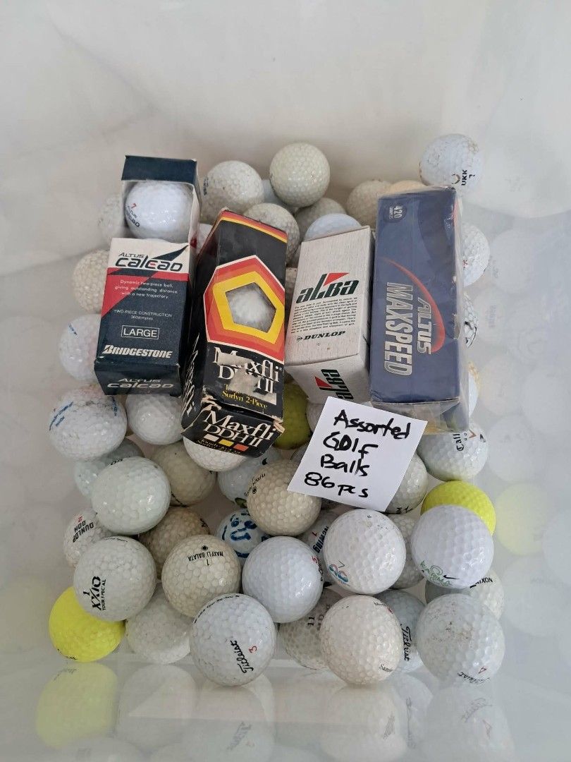 Assorted Golf Balls - Maxfli, Dunlop, Bridgestone 86pcs (Category: Golf) located in Bulacan. Submitted by amarijapansurplus (Listing ID 1436002860, Image 1). Description: caro suggested price is 880 pero 650 lang po.. - 86 assorted golf balls - Brands include Maxfli, Dunlop, and Bridgestone - Some balls are still in original packaging - Includes some yellow golf balls - Ideal for practice or casual play.