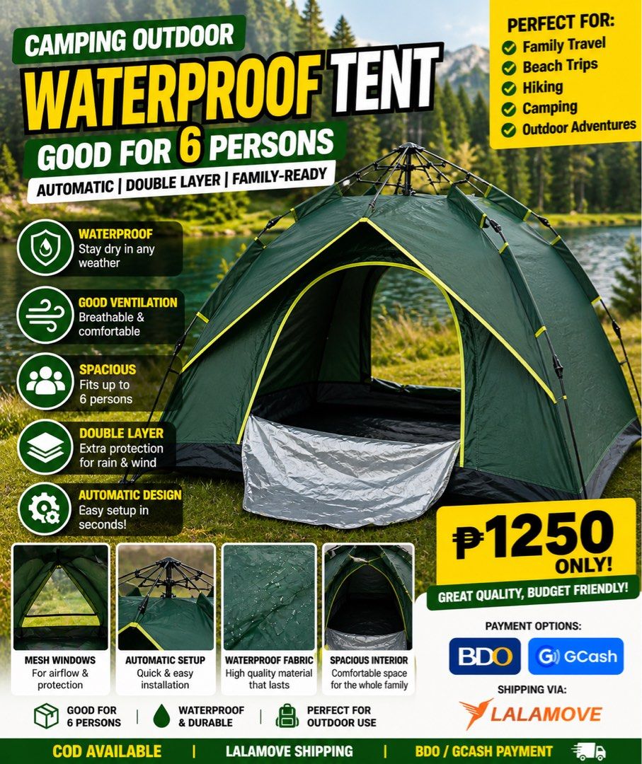 Automatic Camping Tent Good for 6 Persons (Category: Hiking & Camping) located in Mandaluyong City. Submitted by gentleturtle_f28a5c (Listing ID 1436031586, Image 1). Description: CAMPING OUTDOOR WATERPROOF TENT Perfect for Family Travel, Beach Trips, Hiking & Outdoor Camping! 🌲⛺ ✅ Good for 6 Persons ✅ Automatic Easy Setup ✅ Double Layer Protection ✅ Waterproof & Durable ✅ Spacious and Comfortable ✅ Perfect for Travel & Adventure Enjoy hassle-fr