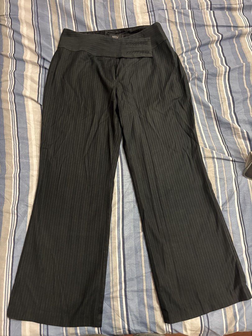 Black Pinstripe Wide Leg Pants (Category: Other Bottoms) located in Manila. Submitted by d9anica (Listing ID 1436014714, Image 1). Description: Black wide-leg pants with pinstripes. Features a high-waisted design with a unique waistband detail. The pants have a classic, professional look, suitable for various occasions. The pants have a straight, wide leg cut..