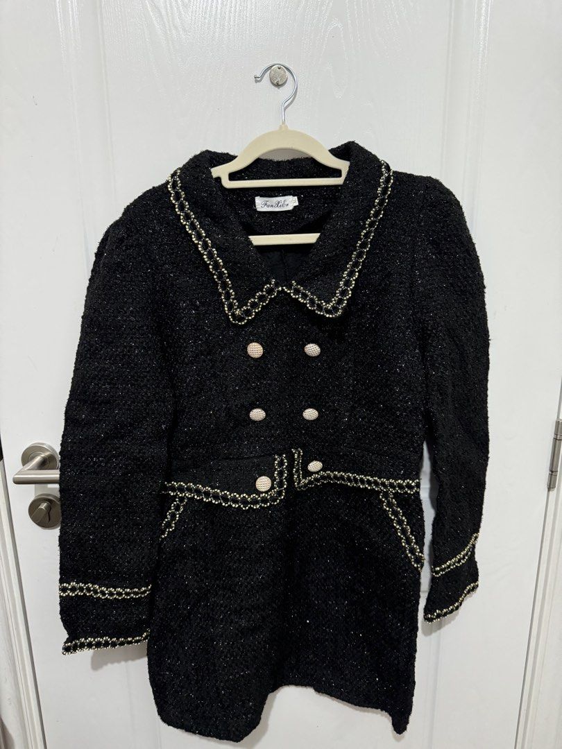 Black Tweed Coat with Gold Trim (Category: Coats, Jackets and Outerwear) located in Quezon City. Submitted by jdmc16 (Listing ID 1435968216, Image 1). Description: - Black tweed coat - Gold trim detailing - Classic collar - Double-breasted button closure - Long sleeves - Tailored fit - Textured fabric.