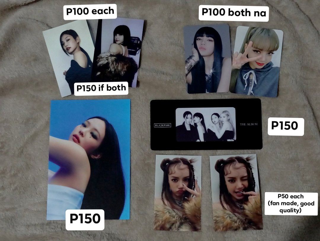 Blackpink Photocards (Category: K-Wave) located in Manila. Submitted by annavillas (Listing ID 1436035152, Image 1). Description: Selling Blackpink photocards. Individual photocards are priced at P100 each. The two photocards can be bought together for P150. The Jennie photocard is priced at P150. The album photocard is priced at P150. Fan-made photocards are priced at P50 each. Good quality. P500 if take all.