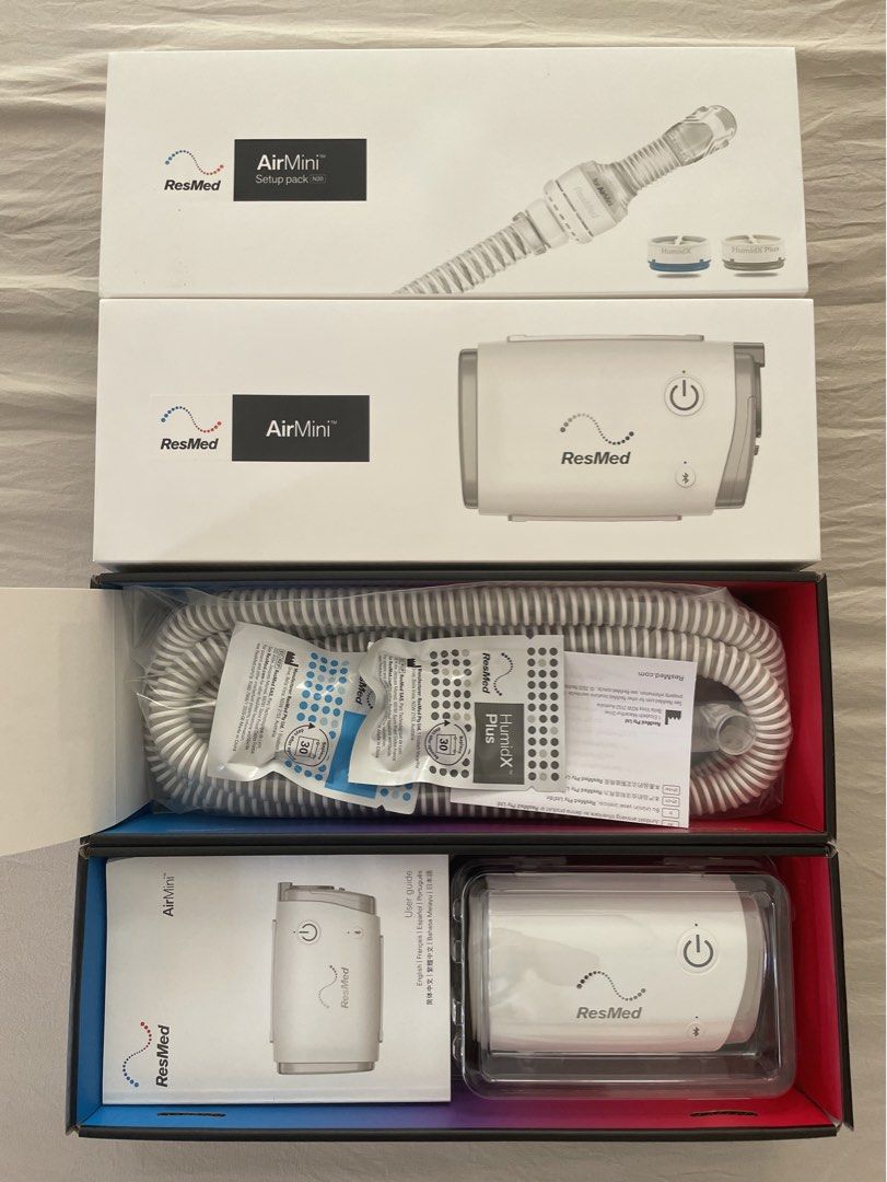 BRAND NEW ResMed AirMini CPAP Machine (Category: Medical Supplies & Tools) located in Manila. Submitted by musthaveph___ (Listing ID 1435979577, Image 1). Description: - ResMed AirMini portable CPAP machine - Includes AirMini setup pack - Comes with power supply and tubing - Features a power button - Bluetooth indicator for easy connection - Box clearly displays the ResMed logo and AirMini model name - Setup pack includes tube and other accessori