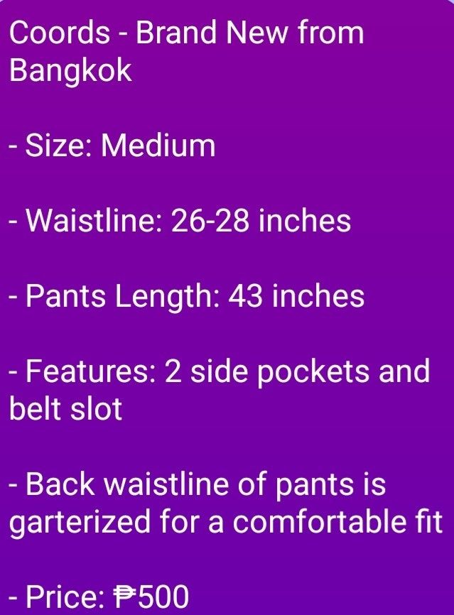 Co-ords Set - Medium (Category: Sets or Coordinates) located in Manila. Submitted by gresha (Listing ID 1436077849, Image 2). Description: - Stylish co-ords set from Bangkok - Features a top with buttons and matching pants - Pants Details: - Waist: 26-28 inches - Length: 43 inches - Features: Two side pockets, belt slot, and garterized back - Design: Beautiful blue floral pattern.