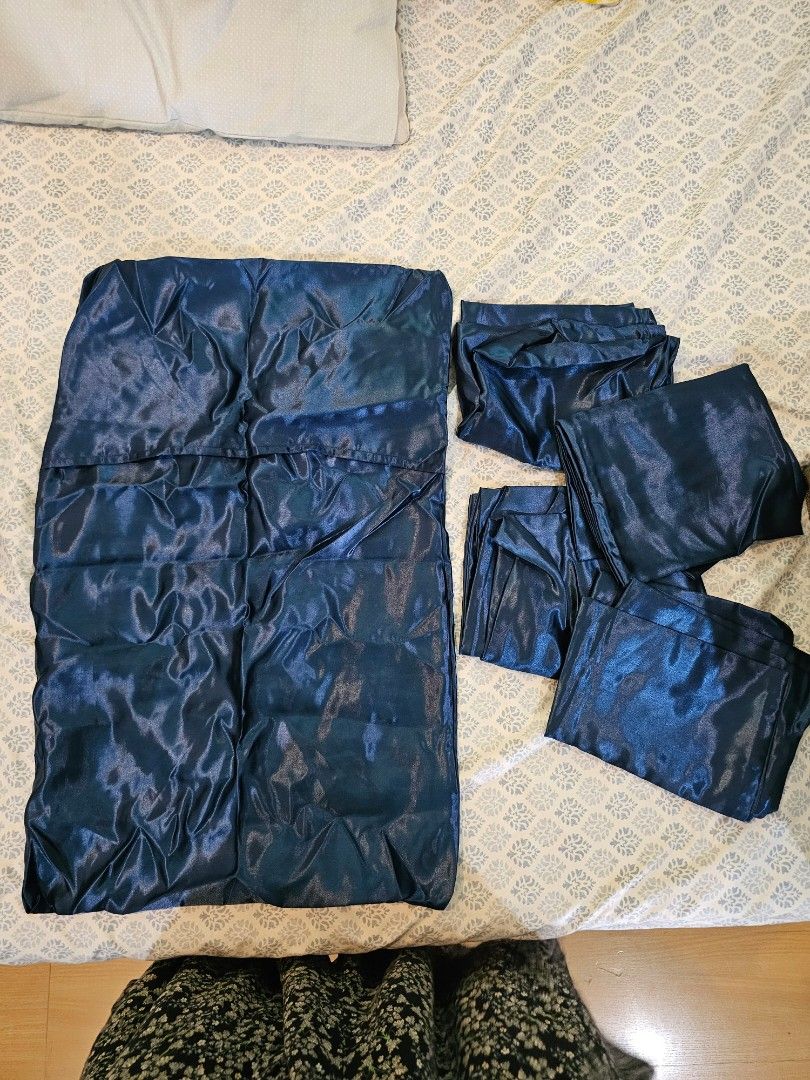 Dark Blue and Black Satin Pillow Set (Category: Curtains & Blinds) located in Quezon City. Submitted by yourclothesnow (Listing ID 1435915634, Image 2). Description: - Dark blue satin pillow set - Shiny, smooth texture - Lightweight material Dark Blue (350php) 1. 1 Body Pillow 2. 4 Standard Size Pillow Black (200php) 1. 3 Standars Size Pillow.