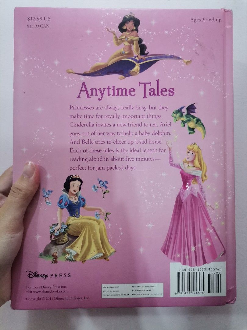 Disney 5-Minute Princess Stories Book (Category: Children's Books) located in Makati City. Submitted by kookybearsstuff (Listing ID 1436046244, Image 2). Description: - Disney 5-Minute Princess Stories book - Features stories about various Disney princesses - Includes "Anytime Tales" with Cinderella, Ariel, and Belle - Ideal for reading aloud - Suitable for children aged 5 and up - Pink cover with princess illustrations.