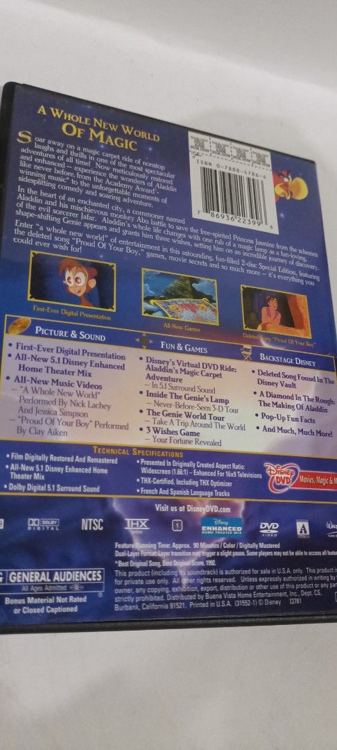 Disney Aladdin 2-Disc Special Edition DVD (Category: CDs & DVDs) located in Manila. Submitted by jeannetteyago (Listing ID 1436055521, Image 2). Description: - Aladdin 2-Disc Special Edition DVD - Includes the full movie - Features supplemental content - Original case included - Discs labeled as Disc 1 and Disc 2 - Case features Aladdin movie title and characters.