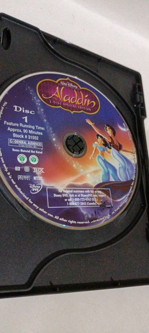 Disney Aladdin 2-Disc Special Edition DVD (Category: CDs & DVDs) located in Manila. Submitted by jeannetteyago (Listing ID 1436055521, Image 3). Description: - Aladdin 2-Disc Special Edition DVD - Includes the full movie - Features supplemental content - Original case included - Discs labeled as Disc 1 and Disc 2 - Case features Aladdin movie title and characters.
