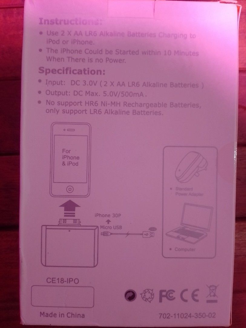 Emergency Charger for iPhone and iPod (Category: Chargers & Cables) located in Marikina City. Submitted by slyrambo19 (Listing ID 1436000954, Image 3). Description: - Emergency charger for iPhone and iPod(30 pin type) -ipod nano, classic,mini and touch. - Uses 2 x AA LR6 Alkaline Batteries - Can start your iPhone in 10 minutes when out of power - Input: DC 3.0V (2 x AA LR6 Alkaline Batteries) - Output: DC Max. 5.0V/500mA - Includes a USB cable.ev