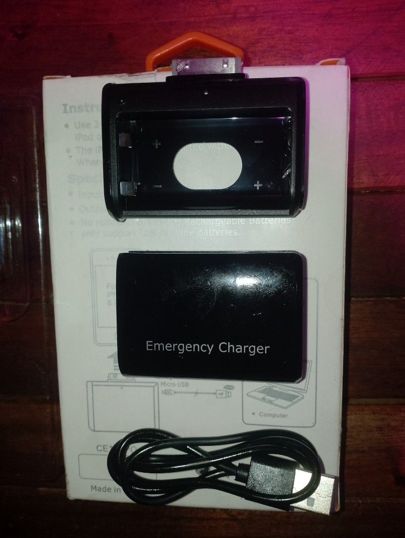Emergency Charger for iPhone and iPod (Category: Chargers & Cables) located in Marikina City. Submitted by slyrambo19 (Listing ID 1436000954, Image 2). Description: - Emergency charger for iPhone and iPod(30 pin type) -ipod nano, classic,mini and touch. - Uses 2 x AA LR6 Alkaline Batteries - Can start your iPhone in 10 minutes when out of power - Input: DC 3.0V (2 x AA LR6 Alkaline Batteries) - Output: DC Max. 5.0V/500mA - Includes a USB cable.ev