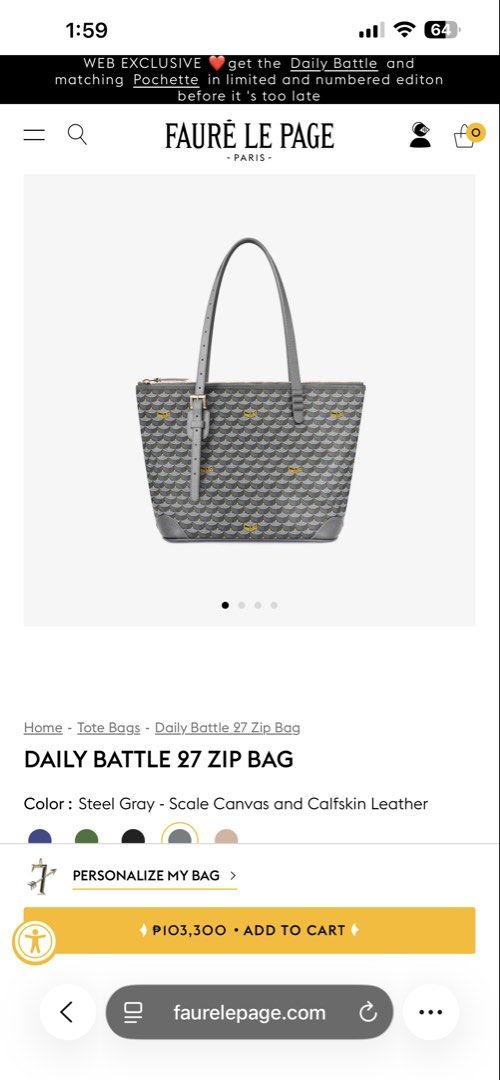 Faure Le Page Daily Battle 27 Zip Bag (Category: Luxury Bags & Wallets) located in Manila. Submitted by cescaventenilla (Listing ID 1435973081, Image 1). Description: - Faure Le Page Daily Battle 27 Zip Bag - Features a steel gray scale canvas and calfskin leather design - Perfect for everyday use - Secure zip closure - Stylish and functional accessory.