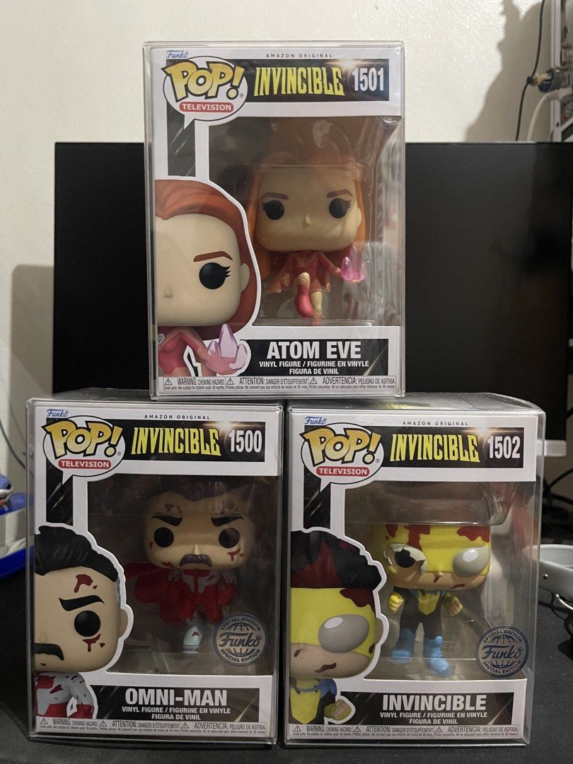 Funko Pop! Invincible Atom Eve, Omni-Man, Invincible (Category: Designer & Blind Box Toys) located in Meycauayan. Submitted by delacruzjae (Listing ID 1436090083, Image 1). Description: - Invincible Funko Pop! figures for sale. - Includes Atom Eve (1501), Omni-Man (1500), and Invincible (1502). - Each figure is in its original box + protector - sold as SET ONLY! Set Price: 4,500 MOP: GCASH MOD: LALAMOVE .