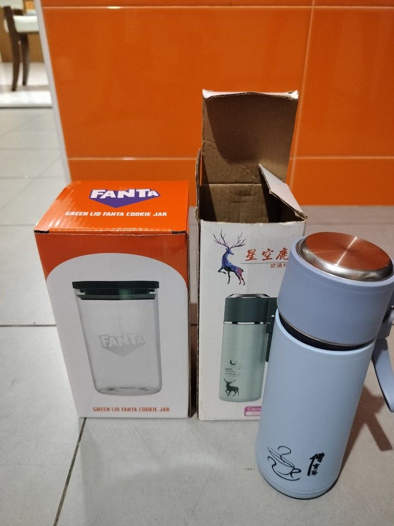 Glass Flask and plastic cookie container