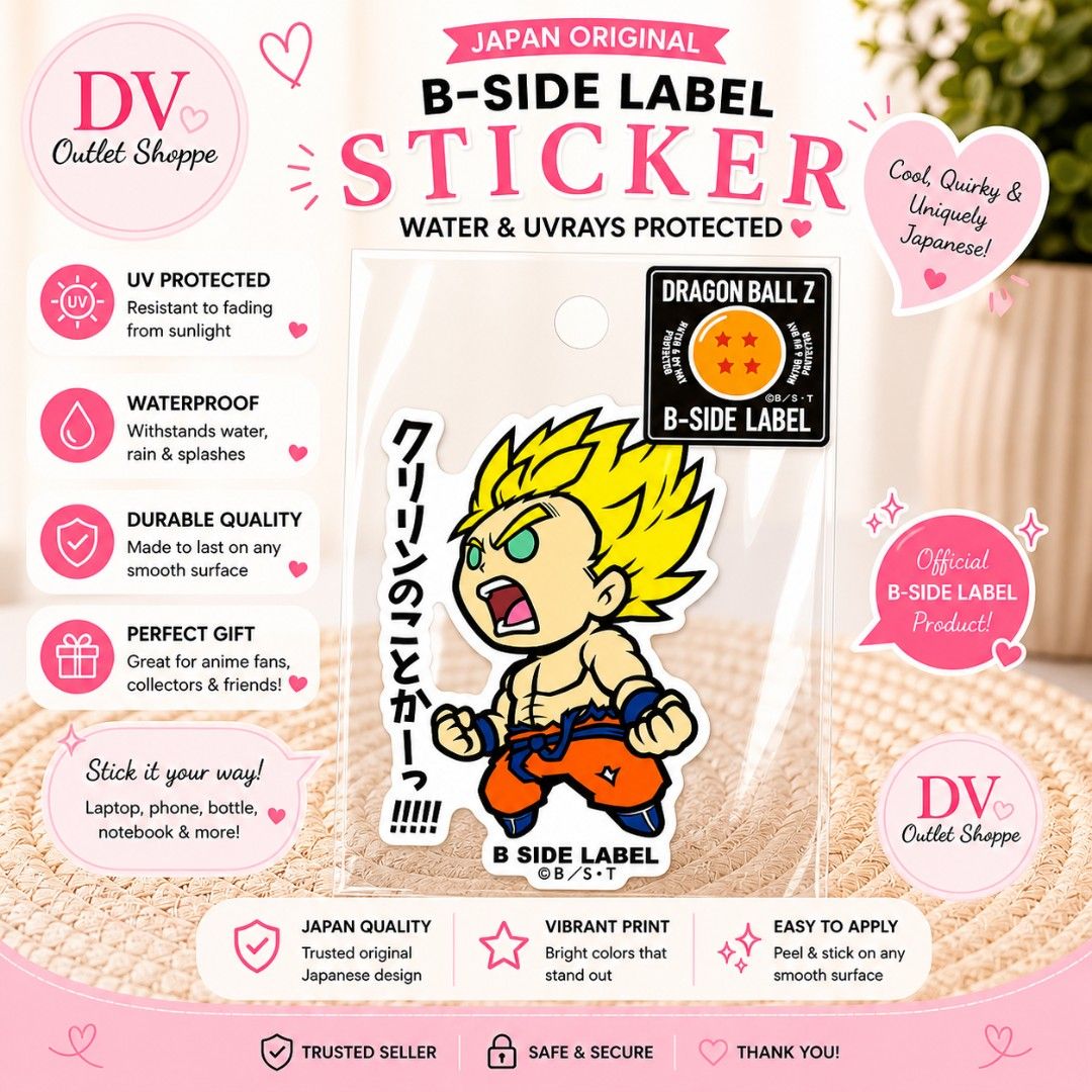 GOKU B-Side Label Dragon Ball Z Sticker (Category: Character Goods) located in Binan City. Submitted by chloedvoutletshoppe (Listing ID 1436017039, Image 1). Description: GOKU B-SIDE LABEL STICKER Bought from Japan ✔️ All items are 100% authentic ✔️ Money-back guarantee for authenticity 💳 Mode of Payment (MOP): • GCash • Bank Transfer 📦 Shipping Fee (SF): • Via LBC / Lalamove • Shouldered by buyer 🚫 All sales are final • No return, no exchange