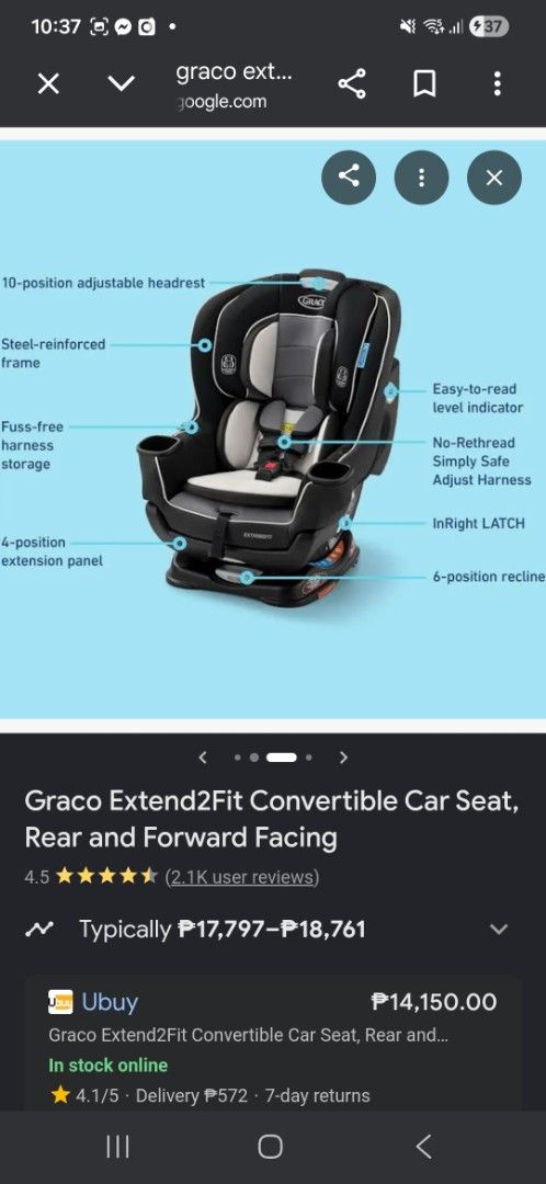 Graco Extend2Fit Convertible Car Seat (Category: Car Seats) located in Pasig City. Submitted by decluttermyclosetph (Listing ID 1436061706, Image 3). Description: - Graco Extend2Fit convertible car seat - 10-position adjustable headrest - Steel-reinforced frame for safety - Easy-to-read level indicator - 6-position extension panel for extra legroom - Provides 5" of extra rear-facing leg room - Includes two cup holders - Suitable for rear-facing a