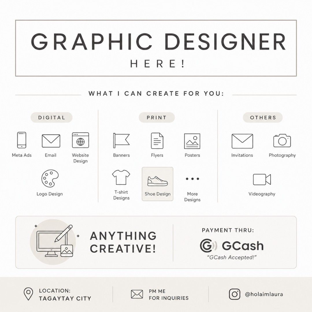 Graphic Artist or Designer (Category: Announcements) located in Tagaytay City. Submitted by thebigdeclutter (Listing ID 1435961095, Image 1). Description: 🎨 FB PAGE: DISEÑO STUDIO PH.