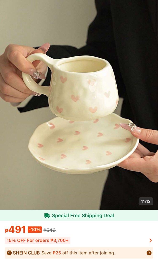 Heart Print Ceramic Cup and Saucer Set (Category: Coffee & Tea Tableware) located in Muntinlupa City. Submitted by declutter.by.d (Listing ID 1436006876, Image 1). Description: - Adorable ceramic cup and saucer set - Charming heart print design - Unique cup handle - Slightly textured surface - Includes a matching saucer - Ideal for enjoying your favorite beverages - Adds a touch of whimsy to your kitchen - Makes a lovely gift.