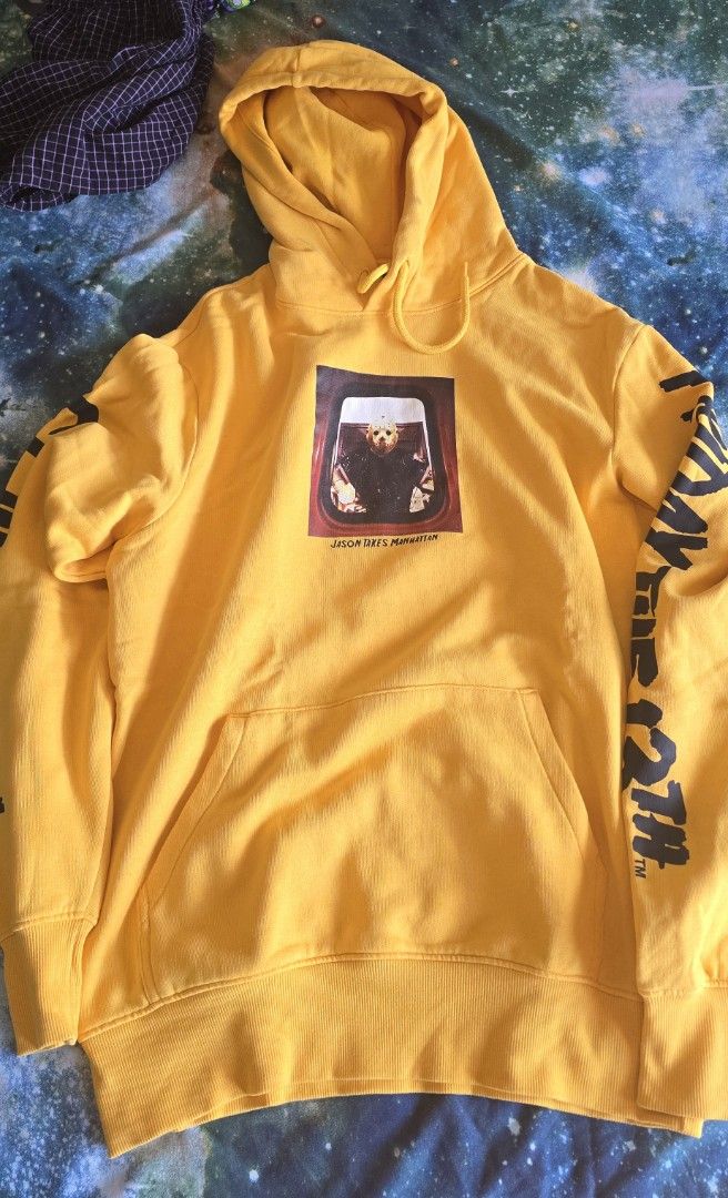 Horror Jason h&m Hoodie (Category: Coats, Jackets and Outerwear) located in Paranaque City. Submitted by swcbs (Listing ID 1435916734, Image 1). Description: - H&M Divided hoodie - Bright yellow color - Size: S - Features a graphic print - Text detail on sleeves - Kangaroo pocket - Drawstring hood.