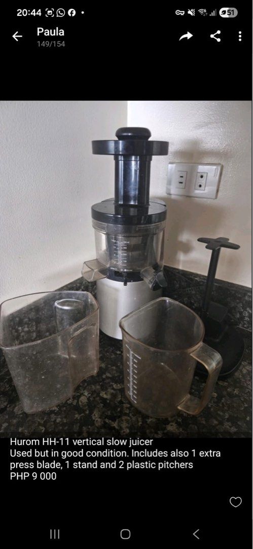 Hurom HH-11 Vertical Slow Juicer (Category: Juicers, Blenders & Grinders) located in Makati City. Submitted by justlookingaround02 (Listing ID 1435915364, Image 1). Description: - Hurom HH-11 Vertical Slow Juicer - Includes extra press blade - Comes with a stand and two plastic pitchers - product reference: https://www.hurom.com/products/hh-elite-slow-juicer - Perfect for fresh, homemade juices.