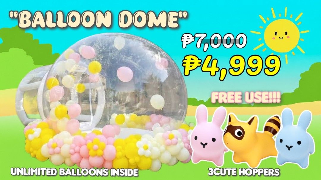 Inflatable Play Bubble with Balloons monile playground (Category: Kids Toys) located in Manila. Submitted by prettyme101395 (Listing ID 1435937390, Image 1). Description: Inclusions: ✅Unlimited Ballons inside the dome. 1-2Staff, Setup,Fence,Safety Matts,Shoerack,Safety Rules Signage. FREE USE OF 23CUTE HOPPERS🩷 SPECIAL OFFER RATE!! 🥳 Are you looking for an Affordable PVC Inflatable Mobile Playground? 🛝❤️ WE CUSTOMIZED THE SET INTO MAGICAL PAST
