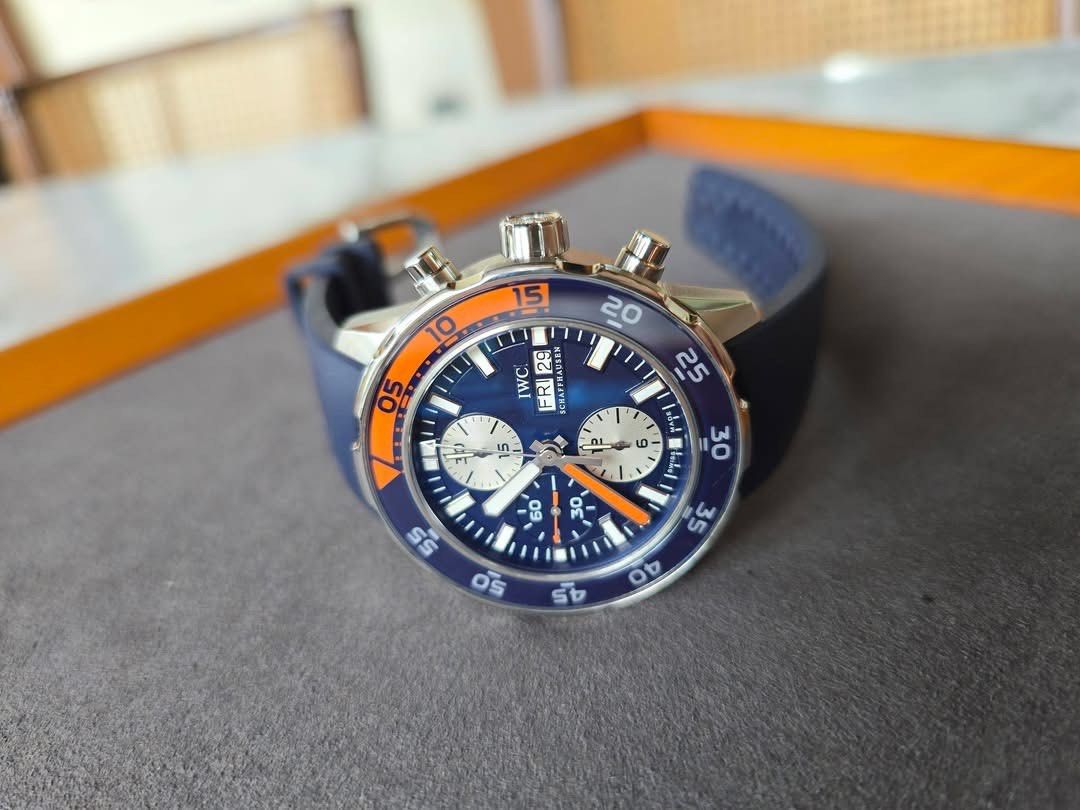 IWC Aquatimer Chronograph Blue Dial (Category: Luxury Watches) located in Makati City. Submitted by gcct888 (Listing ID 1435932868, Image 3). Description: IWC Aquatimer Chronograph Blue Dial Blue and orange theme Complete set with rubber strap and steel bracelet Local AD purchased 328k.
