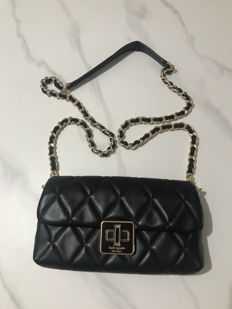 Kate Spade Black Quilted Mini Shoulder Bag (Category: Luxury Bags & Wallets) located in Quezon City. Submitted by jergaragesale (Listing ID 1436009361, Image 1). Description: - Kate Spade black quilted mini shoulder bag - Gold-tone chain strap with leather shoulder rest - Rectangular shape with flap closure - Gold-tone clasp with Kate Spade logo - looks new, what u see is what u get.