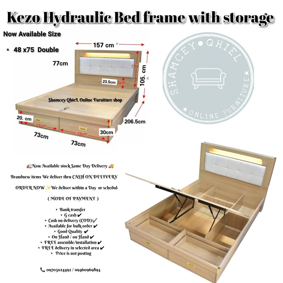 Kezo Hydraulic Bed Frame with Storage - Double size 48x75 Available size (Category: Bed Frames & Mattresses) located in Manila. Submitted by morallosmariel2 (Listing ID 1435923471, Image 1). Description: - Kezo hydraulic bed frame - Double size (48x75) - Headboard with light and white padded section - Two drawers - Large lift-up storage compartment - Cash on delivery - Same-day delivery ▪︎ Now Available Stock ▪︎ Brand new Item ▪︎ Ready To Deliver