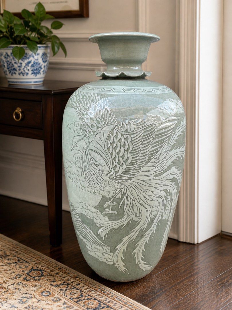 Large Chinese Celadon Phoenix Vase Hand Carved (Category: Vases & Decorative Bowls) located in Manila. Submitted by ph_collection (Listing ID 1435917647, Image 2). Description: Large 25” Celadon Phoenix Vase Hand Carved Chinese Studio Pottery Description: Beautiful large celadon porcelain vase featuring intricately carved phoenix (fenghuang) motifs. * Height: 25 inches * Diameter: approx. 12 inches * Glaze: classic pale green celadon with fine cr