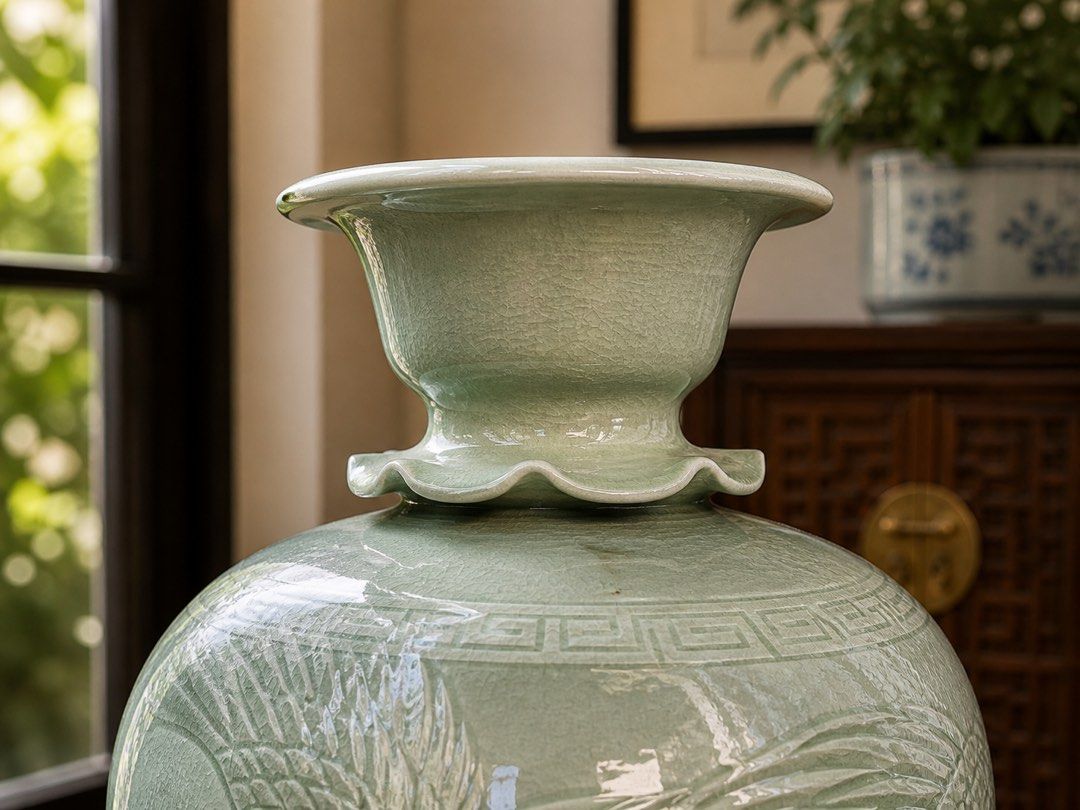 Large Chinese Celadon Phoenix Vase Hand Carved (Category: Vases & Decorative Bowls) located in Manila. Submitted by ph_collection (Listing ID 1435917647, Image 3). Description: Large 25” Celadon Phoenix Vase Hand Carved Chinese Studio Pottery Description: Beautiful large celadon porcelain vase featuring intricately carved phoenix (fenghuang) motifs. * Height: 25 inches * Diameter: approx. 12 inches * Glaze: classic pale green celadon with fine cr