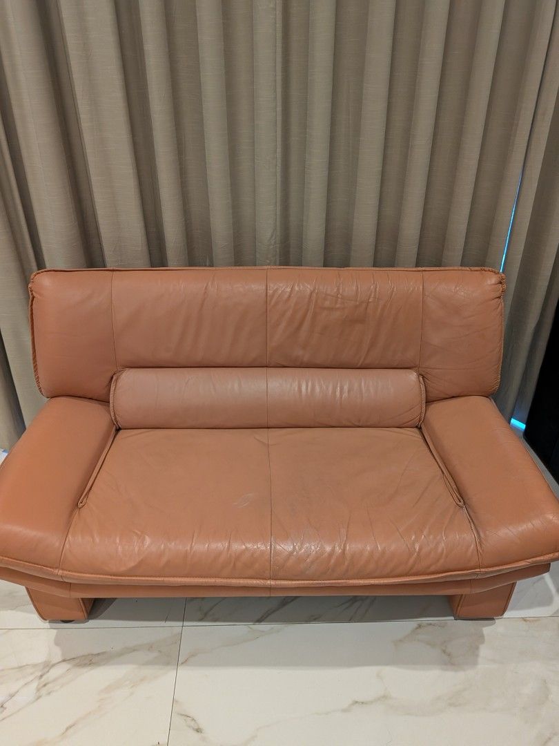 Leather Sofa - Peach (Category: Sofas) located in Angono. Submitted by arrowwhy (Listing ID 1436009499, Image 1). Description: - Peach-colored leather sofa - Includes back support - armrests - some signs of use pick up near S&R Shaw.