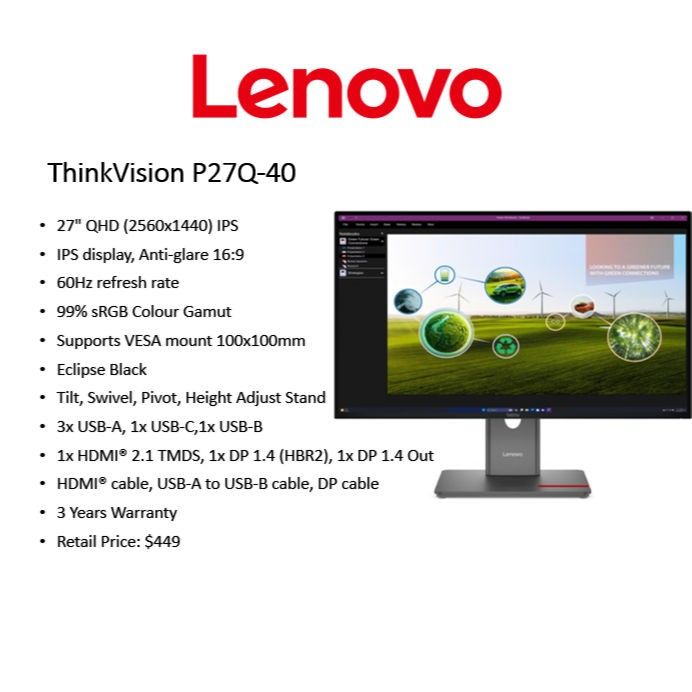 Lenovo ThinkVision P27Q-40 27" QHD Monitor