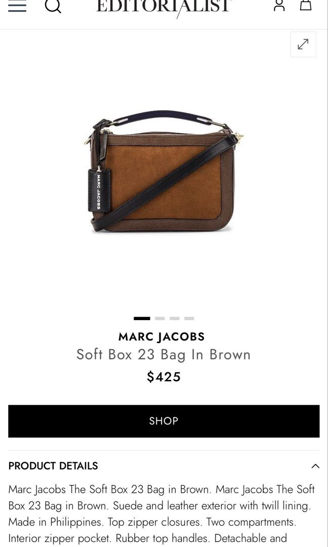 MARC JACOBS - The Soft Box 23 Bag in Brown Multi (Category: Luxury Bags & Wallets) located in Agoncillo. Submitted by jamesrdez (Listing ID 1435935988, Image 2). Description: NEGOTIABLE - Marc Jacobs The Softbox 23 bag - Bought from Marc Jacobs Sample Sale ( see sample tag) - still available online for 400+ dollars - Color: Brown and Tan - Detachable black strap with gold hardware - Blue handle with "THE MARC JACOBS" print - Rectangular shape wit