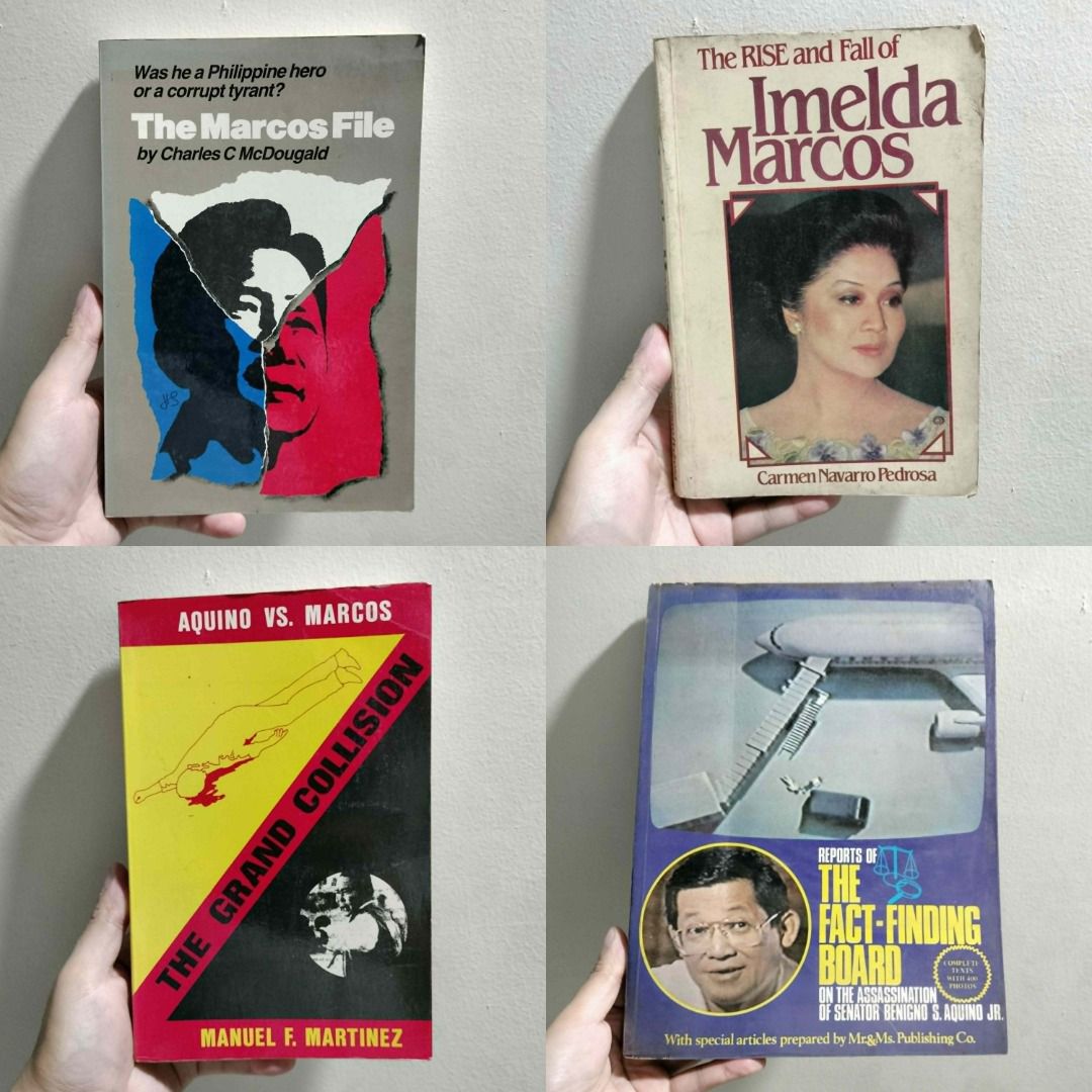 MARCOS-AQUINO BOOKS (Category: Storybooks) located in Antipolo. Submitted by serjyms (Listing ID 1436015782, Image 1). Description: MARCOS-AQUINO BOOKS 1. THE MARCOS FILE Charles C. McDougald San Francisco Publishers 1987 (First Edition), Paperback, 345 pages Selling Price: Php599+sf 2. THE RISE AND FALL OF IMELDA MARCOS Carmen Navarro Pedrosa Bookmark Publishing 1987, Paperback, 230 pages Selling Price: Php499+sf 3. AQUINO VS. MARCOS: THE GRAND 