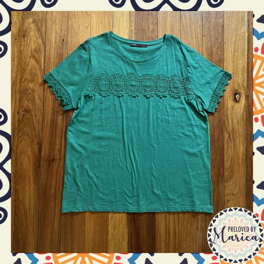 Marks & Spencer Green Blouse with Lace Design (Category: Shirts) located in Quezon City. Submitted by mar_ica (Listing ID 1435989845, Image 1). Description: Green Marks & Spencer Top with Lace Design Size on Tag: UK 16/ Eur 44 Flat Lay Measurements: Length - 26.5 inches Width (armpit to armpit) - 21 inches .