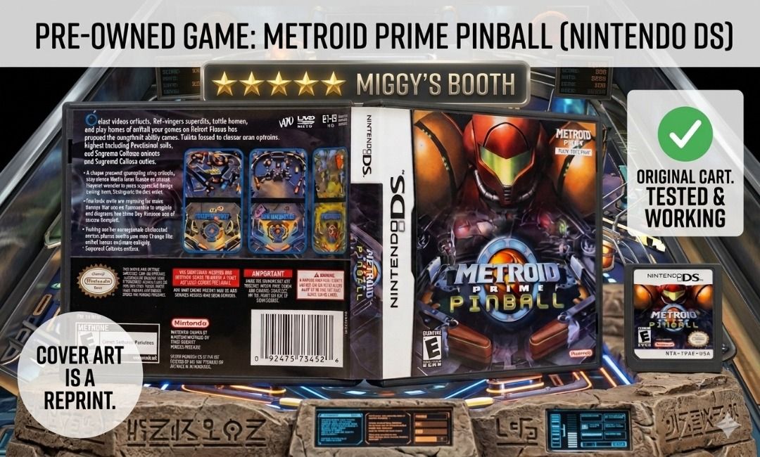 Metroid Prime Pinball Nintendo DS (Category: Nintendo) located in General Trias. Submitted by miggys_booth (Listing ID 1436047229, Image 1). Description: 🚀 Metroid Prime Pinball Nintendo DS | Nintendo / Fuse Games | 2005 💰 Price: ₱4195 📍 Gen Tri / Imus | 🚚 Nationwide Shipping Available ━━━━━━━━━━━━━━━━━━━━━━━━ 📦 Condition: Used ✅ Includes: • DS Game Cartridge — Original, Tested & Working ✅ • Cover Art — Reprint (not original) ⚠️ Condition No
