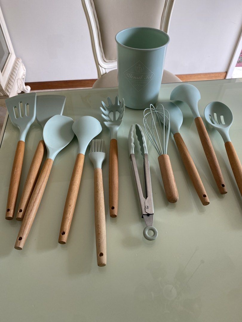 Mint Green Silicone Kitchen Utensil Set with Wooden Handles