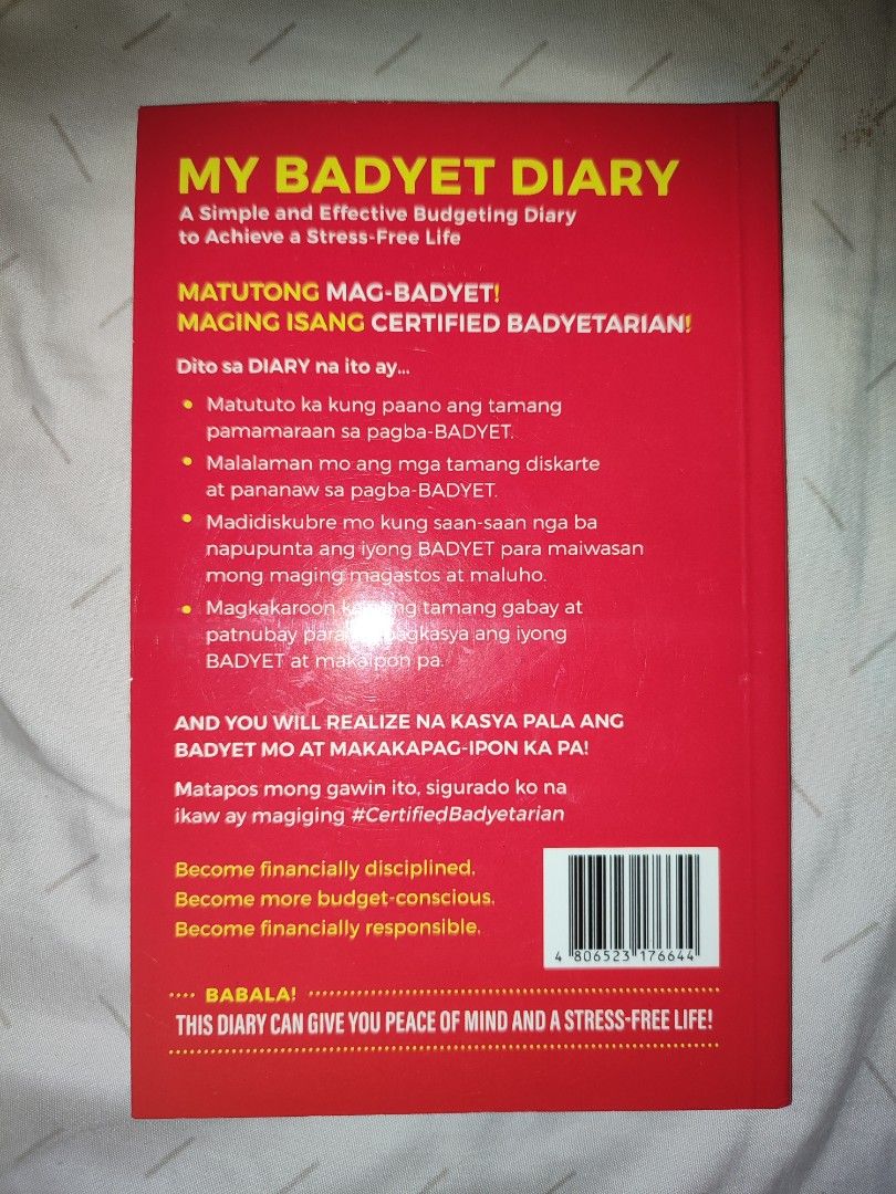 My Badyet Diary by Chinkee Tan (Category: Storybooks) located in Marikina City. Submitted by ja_yne_ (Listing ID 1435991476, Image 2). Description: never been used, only stored nicely. - Stress-free budgeting diary - Learn to manage your finances - Become a certified Badyetarian - Includes money-saving tips - Develop financial discipline - Make your budget work for you.