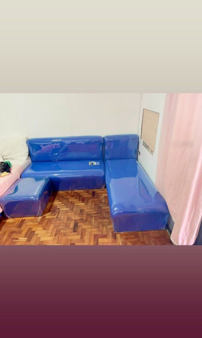 New L-Type Sofa (Category: Sofas) located in Manila. Submitted by swiftmoon.a6f74e (Listing ID 1436001094, Image 2). Description: - Brand new L-type sofa set - Features durable Uratex foam - Stylish blue color - Includes a matching ottoman - Still in original plastic wrap - Original price: PHP 16,500 - Great deal! Size: LxWxH 56x22x12 48x24x12 22x17x12.