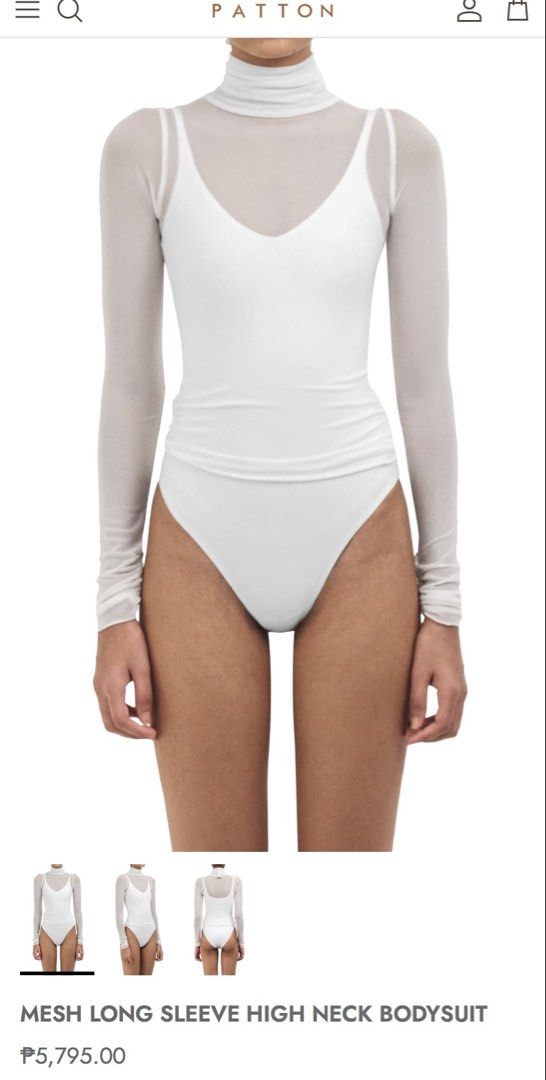 Patton Mesh Long Sleeve High Neck Bodysuit (Category: Others Tops) located in Manila. Submitted by limkatrina85186 (Listing ID 1436078650, Image 1). Description: - Patton white bodysuit used once only - High neck design - Long mesh sleeves - V-neckline - Fitted silhouette - Includes a built-in tank top layer - Smooth, form-fitting fabric - One-piece garment - Original price: ₱5,795.