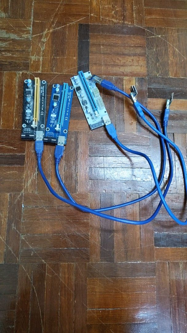 PCIe Riser/ GPU Riser (Category: Cables & Adaptors) located in Petaling Jaya. Submitted by yongyoongchuen (Listing ID 1436062804, Image 1). Description: - PCIe riser cards for GP - Includes multiple riser cards and USB cables. - Compatible with various motherboards. - Ideal for building or expanding a mining rig. - Provides a stable and reliable connection. - Easy to install and use. COD available in Kota Kemuning and Atria Shopping Mall Buy few 