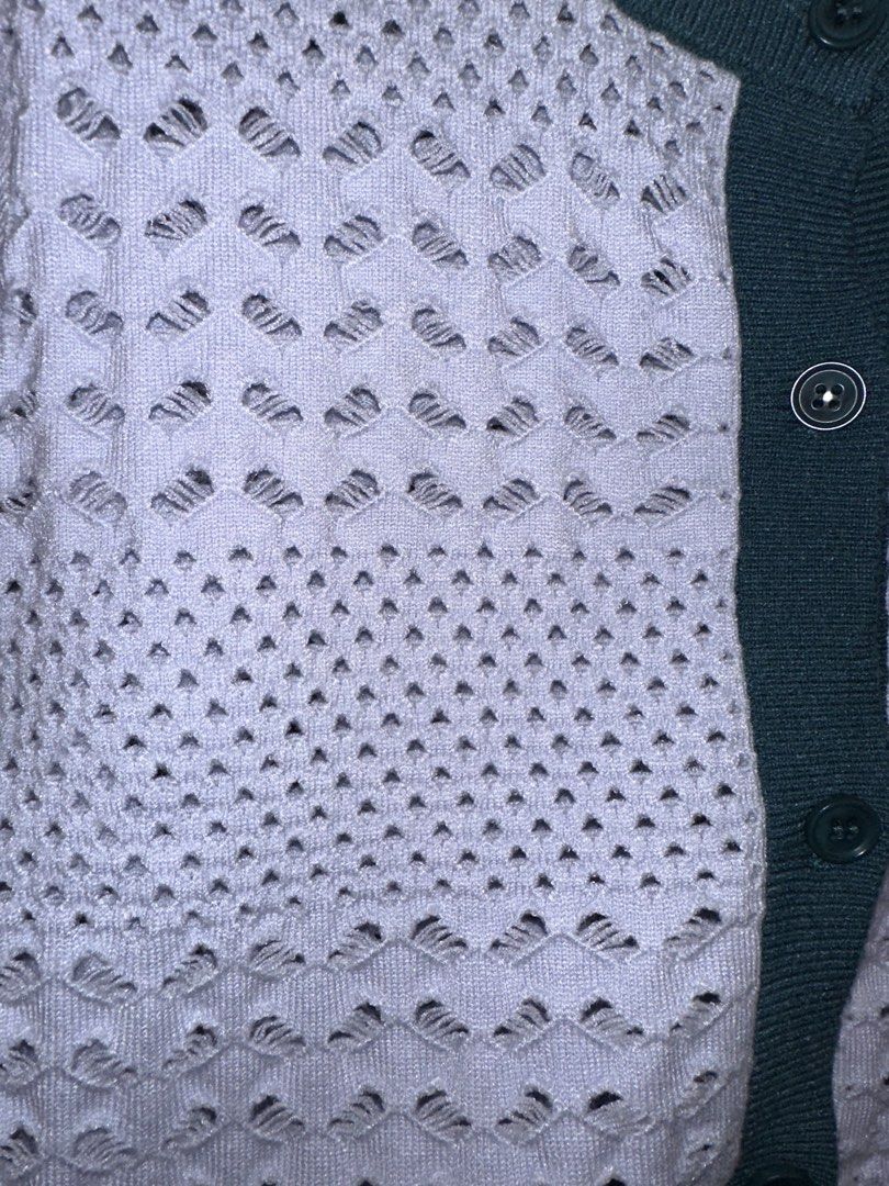 Pomelo Knit Cardigan - Size M (Category: Blouses) located in Caloocan City. Submitted by kween.of.decluttering (Listing ID 1436078600, Image 3). Description: - Pomelo cardigan - Size: M - Unique knit design - Round neckline - Button-down closure - Short sleeves - Dark green trim - Stylish and versatile.