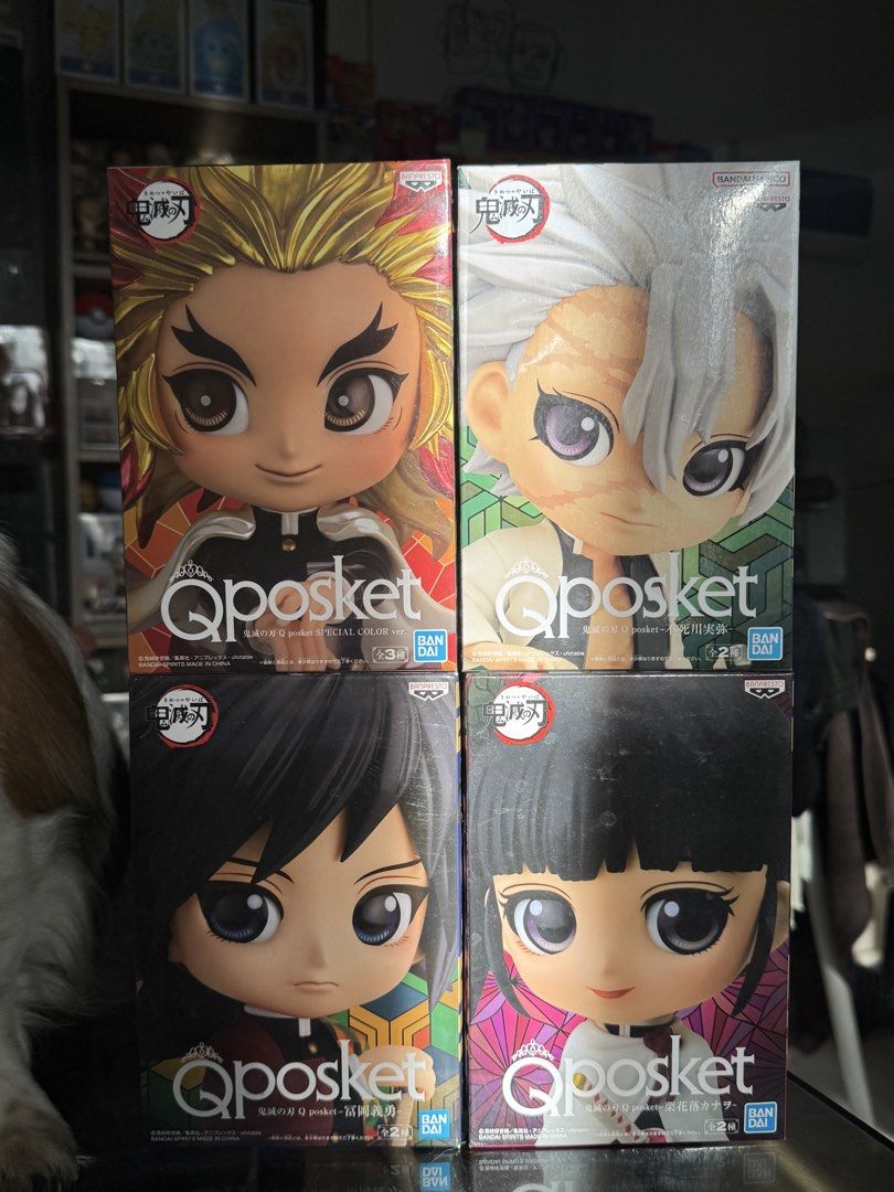 Q Posket Sanemi Rengoku Giyu Kanao (Category: Toys & Games) located in Pasig City. Submitted by glamms.box (Listing ID 1436036373, Image 1). Description: 3K Set of 4 Tingi: Sanemi 1.5k Metallic Rengoku 1.5k Giyu 650 Kanao 600.