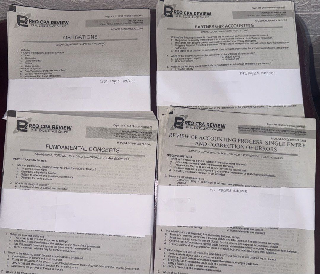reo handouts (Category: Textbooks) located in Manila. Submitted by sj_cabate (Listing ID 1435975662, Image 1). Description: REO handouts for sale 200 per subject 📌Available Handouts: For Pre-recorded handouts - MS - AUD - FARAP - AFAR - RFBT - TAX For live lecture - FARAP - AFAR - RFBT - TAX.