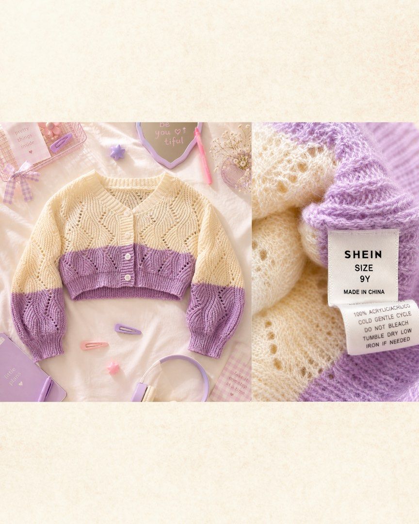 SHEIN Colorblock Knit Cardigan (Category: Babies & Kids Fashion) located in Muntinlupa City. Submitted by nonhoarder (Listing ID 1435950920, Image 1). Description: - SHEIN colorblock cardigan - Cream and purple design - V-neck and button closure - Size: 9Y.