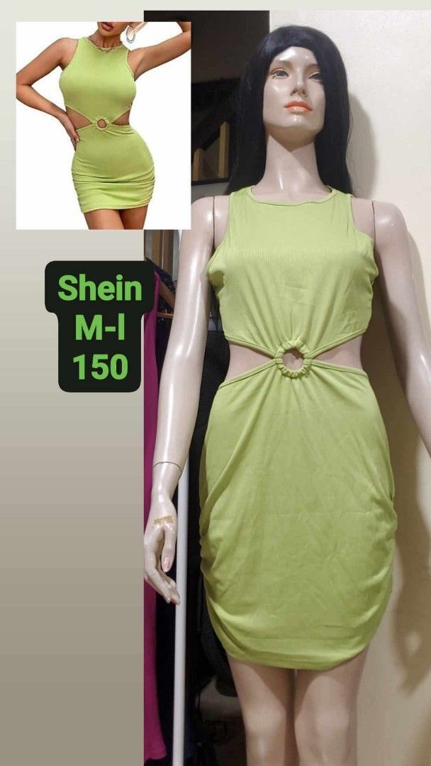Shein Cutout Mini Dress (Category: Dresses) located in Manila. Submitted by gresha (Listing ID 1436078594, Image 1). Description: - Shein mini dress - Lime green color - Cutout design with ring detail - Sleeveless - Round neckline - Ruched skirt - Size M.