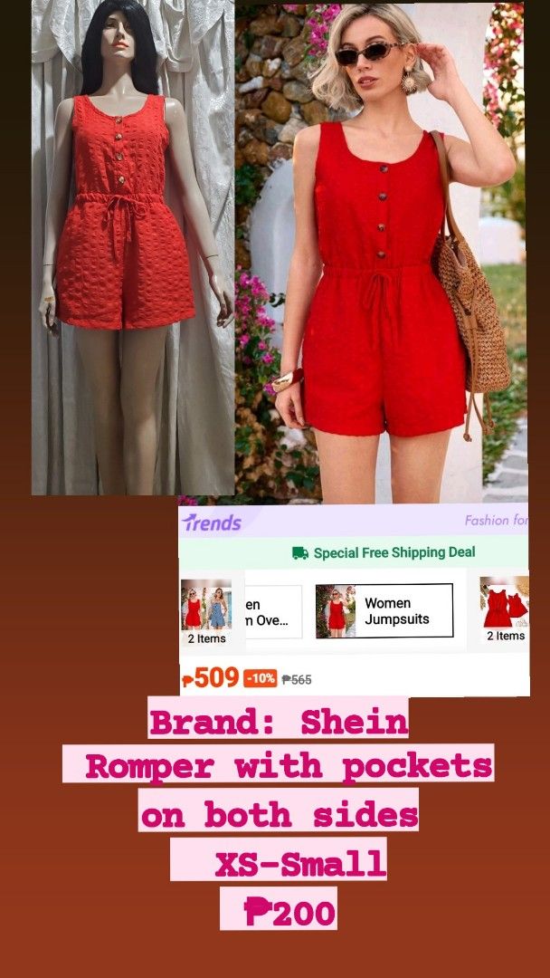 Shein Red Romper with Pockets XS-Small (Category: Rompers) located in Manila. Submitted by gresha (Listing ID 1436077176, Image 2). Description: - Shein red romper - Size: XS-Small - Sleeveless design - Features pockets - Drawstring waist - Button-up front - Textured fabric.