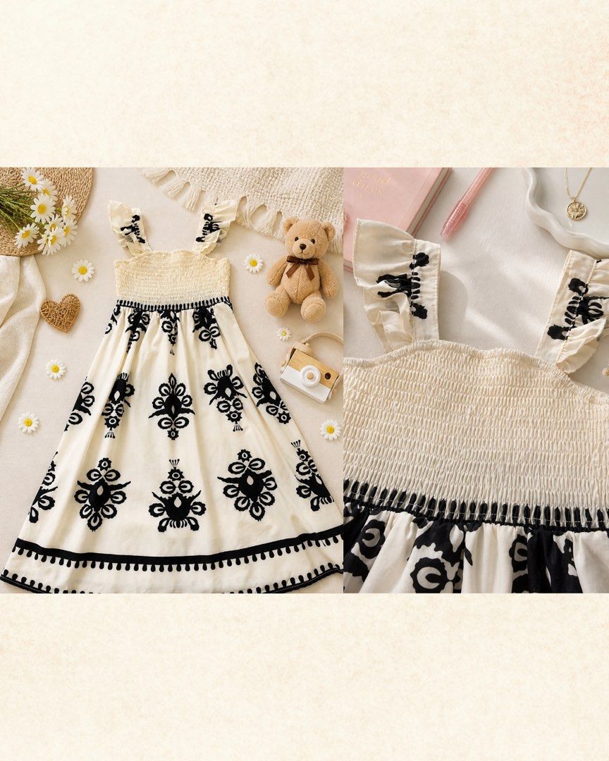 SHEIN Smocked Summer Dress (Category: Babies & Kids Fashion) located in Muntinlupa City. Submitted by nonhoarder (Listing ID 1435943070, Image 1). Description: - Cream-colored summer dress - Smocked bodice - Ruffled straps - Flowing skirt - Size 4Y.